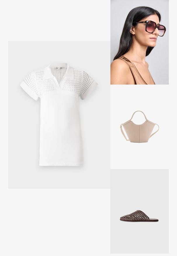 Cămașă polo albă cu mâneci scurte, având o secțiune superioară texturată și o porțiune inferioară netedă. Proiectată cu un guler clasic și o decolteu în formă de V.; Sandale tip slide împletite, de culoare maronie, cu vârf rotund, design deschis, talpă plată și suprafață texturată. Material ușor și siluetă minimalistă.; Ochelari de soare mari, pătrați, cu un cadru din tortois și lentile roz cu un gradient. Prezintă un accent cu logo de aur pe sprânceană.; Geantă de mână bej din piele cu o formă unică, dotată cu două mânere scurte și o curea lungă ajustabilă. Textură netedă, cu hardware minim.