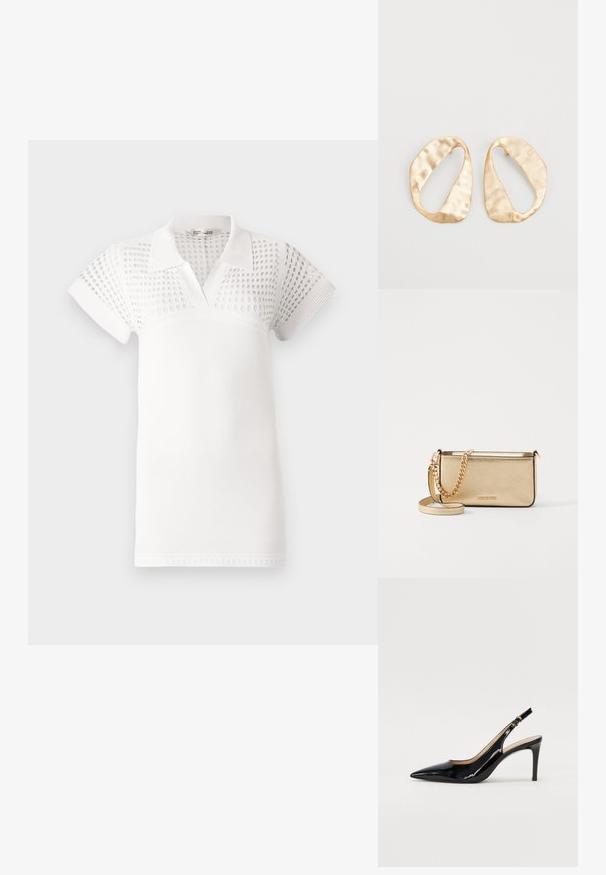 Vit pikétröja med korta ärmar, med en strukturerad överdel och en slät underdel. Designad med klassisk krage och V-hals.; Svart patenterat läder slingback pumps med spetsig tå, smal klack och en subtil utskärning. Har en guldbuckle på remmen.; Metallich guld läderklutch med en texturerad yta, utrustad med en guld kedjestropp och en avtagbar axelrem. Varumärkeslogotyp präglad.; Ett par oregelbundna ovalformade örhängen i guldtonad metall med en strukturerad, något hamrad yta på en vit bakgrund.