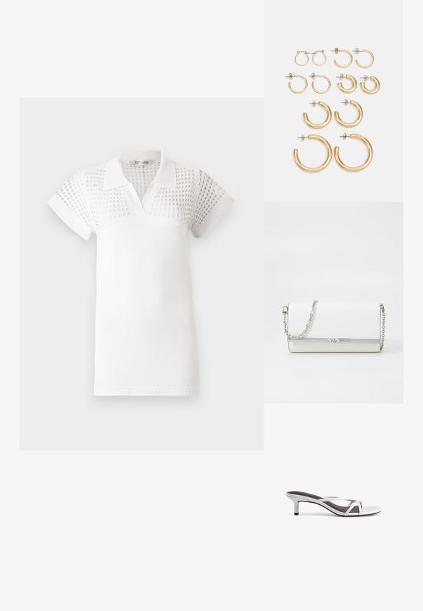 Vit pikétröja med korta ärmar, med en strukturerad överdel och en slät underdel. Designad med klassisk krage och V-hals.; Silverfärgade sandaler med klacken, korsbanddesign, slät yta och spetsig tå. Klacken är cirka fem centimeters hög.; MICHAEL Michael Kors MONA - Axelremsväska - optic white; Set av guldfärgade hoopsmycken med olika storlekar och mönster, inklusive små, medelstora och stora varianter, med släta metalliska ytor.