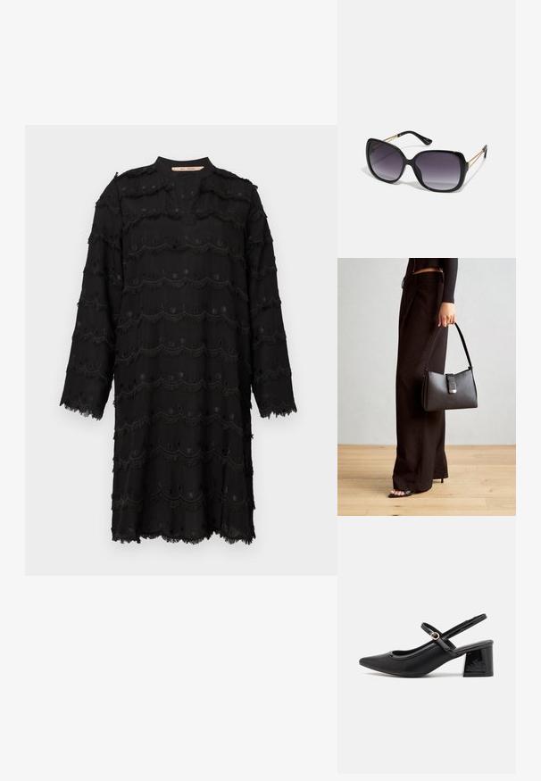 Schwarzes langärmliges Kleid mit fransigen, gezackten Stickmustern, rundem Ausschnitt mit vorderer Schlitz und rohem Saum sowie rohen Bündchen.; Schwarze Lackleder-Slingback-Absätze mit spitzer Zehenform, einem runden Ausschnitt-Design und einem Blockabsatz. Mit einem goldfarbenen Schnallenakzent.; Schwarze übergroße Sonnenbrille mit getönten Gläsern, dicken Rahmen und goldfarbener Kettendetaillierung an den Bügeln.; Schwarze Handtasche mit strukturierter Form, glatter Textur und einem metallischen Verschluss. Kombiniert mit weiten schwarzen Hosen und offenen Sandalen auf einem Holzboden.