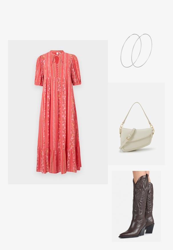 Koralo spalvos maxi suknelė su vertikaliomis juostelėmis, trumpomis pūstomis rankovėmis, kaklo juostele ir gėlėmis. Turėti išplatėjusį raukinį apatinėje dalyje ir mygtukų detales.; Rudos odinės kaubojaus batai su smailiu priekiu ir blokuotu kulnu, pasižymintys detaliu siuvinėjimu ir iškiliais akcentais ant ašies.; Mažas kreminis rankinukas su tekstūruotu paviršiumi, ilga reguliuojama juostele, grandinėle ir užsegimu su atvartu. Aukso detalės.; Sidabrinės pusmėnulio auskarai minimalistiniu dizainu. Apskritimo forma, lygus paviršius ir plonas profilis. Lengvi su poliruotu apdailu.