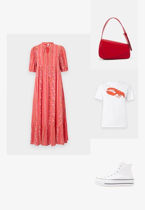 Korall színű maxi ruha függőleges csíkokkal, rövid puffos ujjakkal, nyakba köthető megoldással és virágmintákkal. A ruha fodrozott, bővülő szegéllyel és gombos részletekkel rendelkezik.; Fehér pamut póló, amelyen elöl egy nagy, élénkpiros homár grafika látható. Rövid ujjú és standard környakú kialakítás.; Fehér magaskorsó vászon sportcipő fekete gumi talppal, elülső gumi orrnyereggel és hat fűzőlyukkal, letisztult, minimalista dizájnnal.; Piros bőr kézitáska szögletes, geometrikus kialakítással. Egy állítható pánttal és varrott részletekkel ellátott fedélzárral rendelkezik.