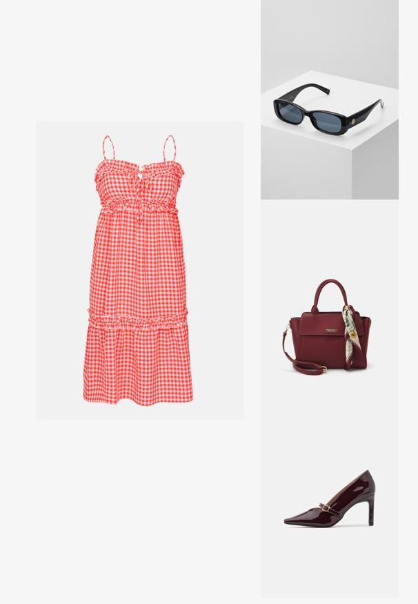 Punane ja valge ruuduline kleit rippuvate õlgade, elastse vöökoha ja kihilise seeliku äärtega. Omab võtmega esiosa detaili ja kerget materjali.; Patente tume burgundi kõrge kontsaga kingad terava nina, pahkluu rihmaga, mis sisaldab kuldseid detaile, ja särav, poleeritud viimistlus. Karkassilt kõrgendatud stilletokonts.; Mustad ristkülikukujulised prillid, millel on sinised toonitud läätsed, paksud raamid ja kuldne ümmargune aksent külgedel. Sleek, läikiv viimistlus.; Burgundi värvi käekott, mis on valmistatud sünteetilisest materjalist, struktureeritud disainiga, eemaldatava rihma ja käepideme külge seotud lillemustrilise salliga.