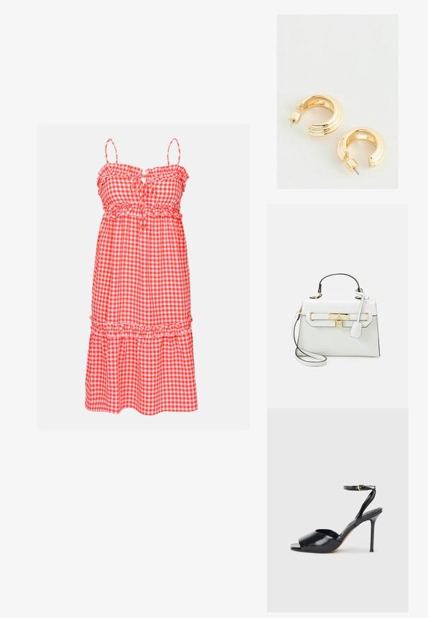 Punane ja valge ruuduline kleit, millel on volangiga õlavarredega, elastne vöökoht ja kihiline seelik. Omab avatud kaeluse detaili ja kerget kangast.; Mustat lakatut korkokengät, joissa on avonainen varvas, ohut stiletto-korko ja nilkkaremmi, jossa on kultainen solki, valkoista taustaa vasten.; Valkoinen käsilaukku, jossa on krokotiilinaarmuja, kultaiset yksityiskohdat, yläkahva ja irrotettava olkahihna; lukossa suljettava ja minimalistiinen muotoilu.; Kultaketjuhoop-korvakorut kiiltävällä pinnalla, joissa on uritettu muotoilu ja nappikiinnitys. Pyöreä, muhkea muoto.