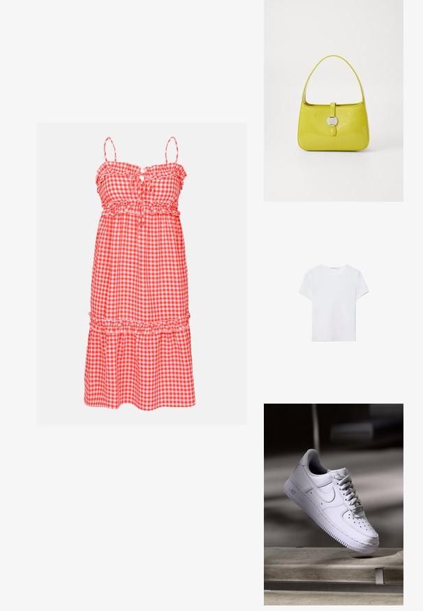 Sukienka w czerwoną i białą kratę z falbaniastymi ramiączkami, elastycznym pasem i warstwowym dołem. Posiada detale w kształcie dziurki na przodzie oraz lekki materiał.; Biała koszulka z krótkim rękawem wykonana z miękkiego materiału. Posiada okrągły dekolt oraz prosty, minimalistyczny design z prostym dołem.; Biały sneaker Nike Air Force 1 unoszący się nad betonową powierzchnią z cieniami w minimalistycznym otoczeniu.; Żółta torebka z lakierowanej skóry o strukturalnym kształcie, z rękojeścią u góry i zapięciem na zatrzask z okrągłym metalowym akcentem w postaci logo.