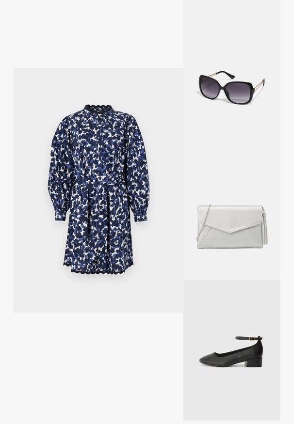 Kék és fehér mintás ruha magas gallérral, összeszedett ujjal és hullámos szegéllyel. Könnyű anyagból készült, mely a derekánál szűkítve van.; Fekete bőr magassarkú cipő hegyes orral és alacsony tömb sarkal. Bokapánttal rendelkezik, aranyszínű csattal. Simább textúra.; Fekete, oversize napszemüveg fokozatos árnyalatú lencsékkel, vastag kerettel és arany színű lánc díszítéssel a szárakon.; Ezüst szintetikus bőr cluth táska boríték formájú dizájnnal, láncos vállpánttal és egy oldalán bojt részlettel, amely szögletes varrásokkal rendelkezik.