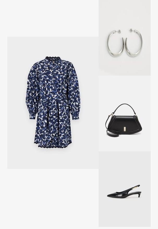 Vestido azul y blanco con un estampado, de cuello alto, mangas fruncidas y dobladillo con ondas. Hecho de tela ligera, ceñido en la cintura.; Tacones negros de piel sintética tipo slingback con punta afilada, que cuentan con un tacón delgado y un detalle en tono dorado en la correa ajustable. Textura suave.; Bolso de mano de cuero negro con un diseño estructurado, que presenta una forma recortada, asa superior y acentos en dorado. Correa de hombro ajustable incluida.; Pendientes de aro de plata con un diseño curvado y suave. Presentan un acabado metálico brillante y cierre de presión. Sin patrones ni acentos visibles.