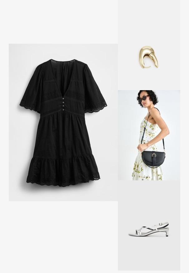 Black dress with short flutter sleeves, deep V-neck, decorative buttons, and ruffled hem. Features eyelet pattern and lace accents.; Silver metallic slingback sandal with a low heel, featuring crisscross straps and a smooth texture. Minimalistic design.; Black leather handbag with a curved shape, detachable strap, and gold hardware. The bag features a flap with a buckle detail.; Gold-tone metal earring with a sleek, curved design. Features a distinctive pointed shape, polished surface, and hinge closure.