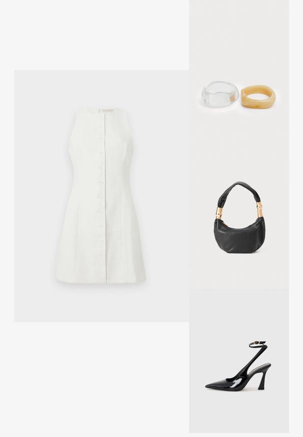 Fehér, ujjatlan lenruha, elöl gombokkal, testhez álló szabású, finom textúrájú, hátul egyszerű cipzárral.; Fekete lakk bőrből készült, slingback magas sarkú cipők, hegyes orral, állítható bokapánttal és mérsékelt tömbsarkal. Simább textúra, fényes felület.; Fekete bőr kézitáska kerek formával, puha textúrával és csomózott fogantyúval, aranyszínű fém díszítéssel. Cipzáras záródás.; Tiszta és borostyán színű gyanta gyűrűk, az egyik sima és átlátszó, a másik texturált, borostyán bevonattal rendelkezik. Mindkettő kerek, tömör formatervezésű.