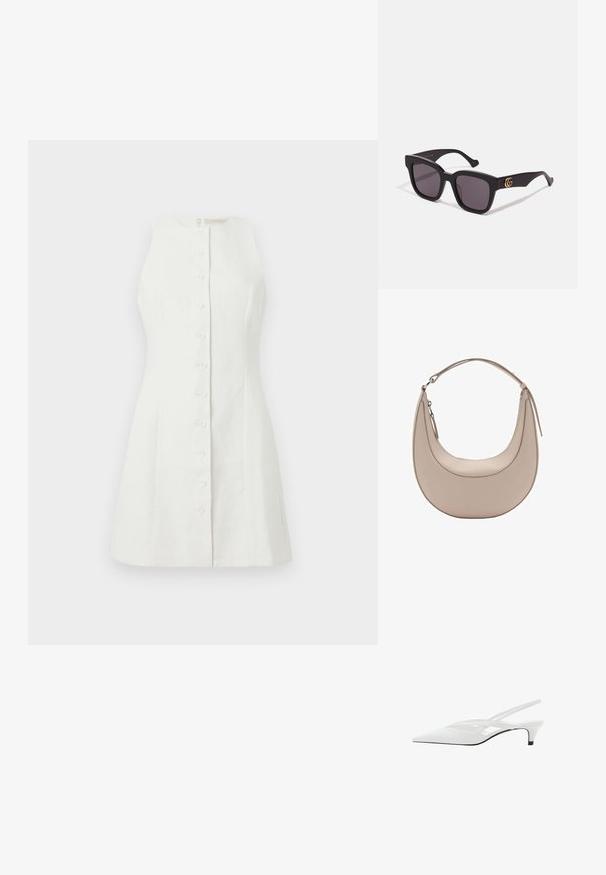 Rochie albă fără mâneci, realizată din in, cu butoane pe față, formă ajustată și textură subtilă, având un fermoar simplu la spate.; Sandale albe cu toc slingback și vârf ascuțit, având un upper neted, decupaje subtile și un toc bloc mic. Talpa neagră accentuează designul.; Ochelari de soare pătrați negri cu lentile întunecate. Rama mată cu accente aurii ale logo-ului pe braț. Design elegant cu brațe groase.; Geantă de umăr din piele bej, cu o formă de semilună, textură netedă și un singur mânere curbat. Dispune de o închidere cu fermoar și cusături bine realizate.