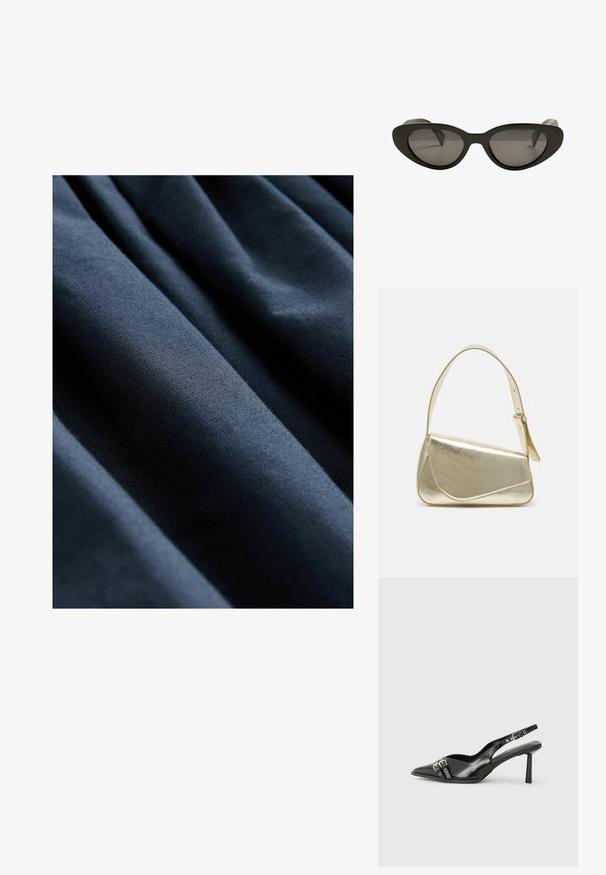 Jūras zilo audumu ar gludu tekstūru, kas rotāts ar vertikālām krokām, radot neizteiktu dziļumu un dimensiju.; Melnā patentēta ādas sandale ar norādītu purngalu, potītes siksniņām ar sudraba sprādzēm un aparatūru, kā arī smalku papēdi.; Melnas kaķa acs saulesbrilles ar tumšiem stikliem, spīdīgu plastmasas rāmi un noapaļotām malām. Vienkāršs dizains bez redzamām atzīmēm vai rotājumiem.; Zelta metāla somiņa ar strukturētu dizainu, gludu tekstūru un regulējamu siksniņu. Iezīmējas ar unikālu trīsstūrveida formu un minimālistisku šuvumu.