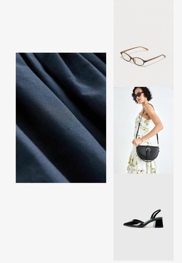 Tela azul marino con una textura suave, que presenta pliegues verticales que crean una sutil profundidad y dimensión.; Zapatos de tacón slingback de charol negro con punta afilada y tacón geométrico en bloque. Presentan un diseño elegante y minimalista, así como una textura suave.; Gafas de carey marrón con lentes ovalados, patas delgadas y acentos transparentes. Presenta un sutil logo en la varilla. Diseño elegante y ligero.; Bolso de piel negra con forma curva, correa desmontable y herrajes dorados. El bolso cuenta con una solapa con un detalle de hebilla.