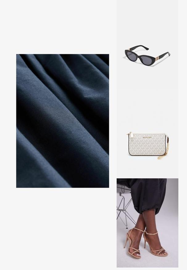 Tessuto blu navy con una texture liscia, caratterizzato da pieghe verticali che creano una profondità e una dimensione sottili.; Sandali con tacco beige decorati con cristalli, caratterizzati da una punta aperta, sottili cinturini e un silhouette elegante.; Guess Occhiali da sole - shiny black; Wristlet Michael Kors in tela rivestita beige con motivo a logo MK ripetuto, hardware dorato e tracolla a catena staccabile.; Orecchini metallici dorati con un design ondulato; superficie liscia e riflettente; forma asimmetrica; nessun motivo o hardware visibile.