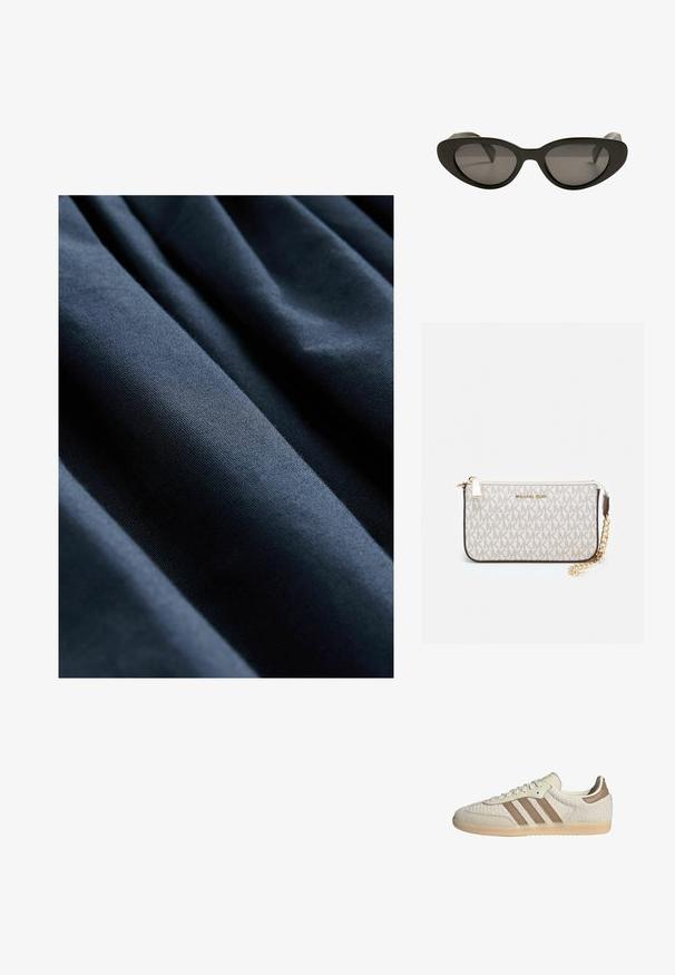 Tummansininen kangas, jossa on sileä pinta, varustettuna pystysuorilla poimutuksilla, jotka luovat hillittyä syvyyttä ja ulottuvuutta.; Tennarit, joissa on hengittävä kerma värinen verkkolaru, ruskeat nahkakoristeet ja kolme allekirjoitusviivaa. Kevyt kumipohja, jossa on teksturoitu kuvio.; Musta kissa-silmälasit tummilla linsseillä, kiiltävästä muovista valmistettu kehys ja pyöristetyt reunat. Yksinkertainen muotoilu ilman näkyvää brändäystä tai koristeita.; Michael Kors kääröbeige pinnoitettua kangasta, jossa on toistuva MK-logo -kuvio, kultaiset yksityiskohdat ja irrotettava ketjuhihna.