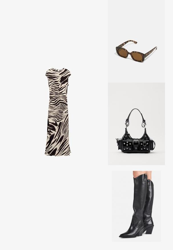 Maxikleid mit einem beigen und schwarzen Zebramuster. Kurze Ärmel, runder Ausschnitt und ein seitlicher Schlitz aus einem glatten Stoff für eine fließende Silhouette.; Schwarze, knielange Lederstiefel mit spitzem Zeh, gebogenem Schaft und blockiertem Absatz. Sie verfügen über eine glatte Textur und Zuglaschen an der Oberseite.; Schildpatt-Sonnenbrille mit einem runden, klobigen Rahmen und braunen Gläsern. Verfügt über dezente Muster und gerade, zulaufende Bügel.; Schwarze Lederhandtasche mit einem geschwungenen Design, verziert mit silbernen Nieten, einer Schnalle und zwei seitlichen Taschen. Verstellbarer Träger für verschiedene Tragemöglichkeiten.