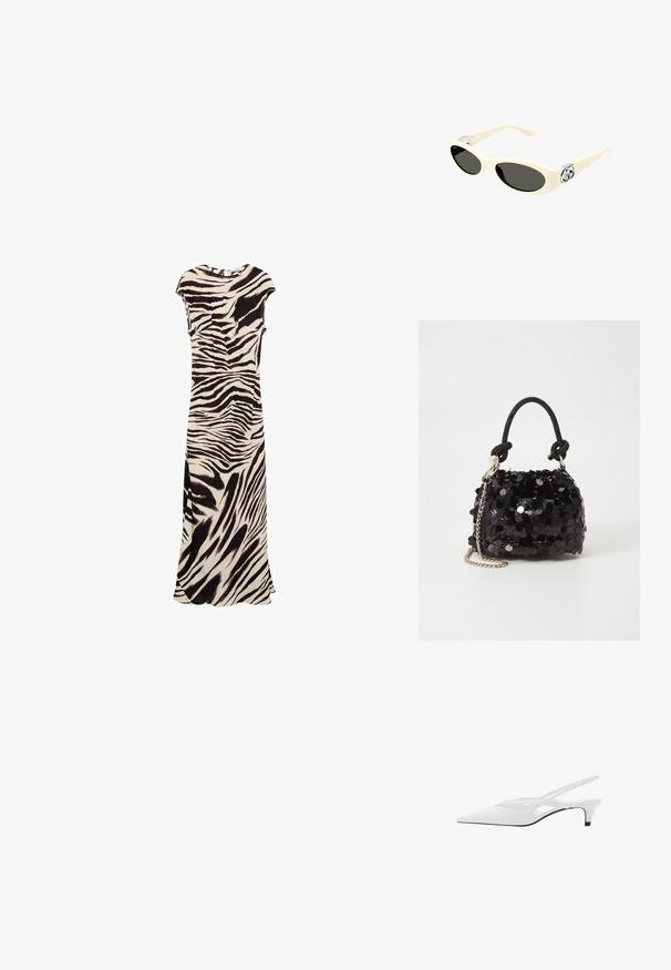 Rochie lungă cu imprimeu zebra bej și negru. Mâneci scurte, decolteu rotund și o fanta laterală dintr-un material neted pentru o siluetă fluidă.; Sandale albe cu toc slingback și vârf ascuțit, având un upper neted, decupaje subtile și un toc bloc mic. Talpa neagră accentuează designul.; Ochelari de soare de culoare crem, cu lentile ovale, nuanță neagră și accente metalice cu logo la temple. Textură netedă, design tip cat-eye.; Geantă mini neagră cu paiete, cu un umar texturat înnodat și un lanț argintiu. Formă rotundă cu partea de sus adunată și detalii reflectorizante.