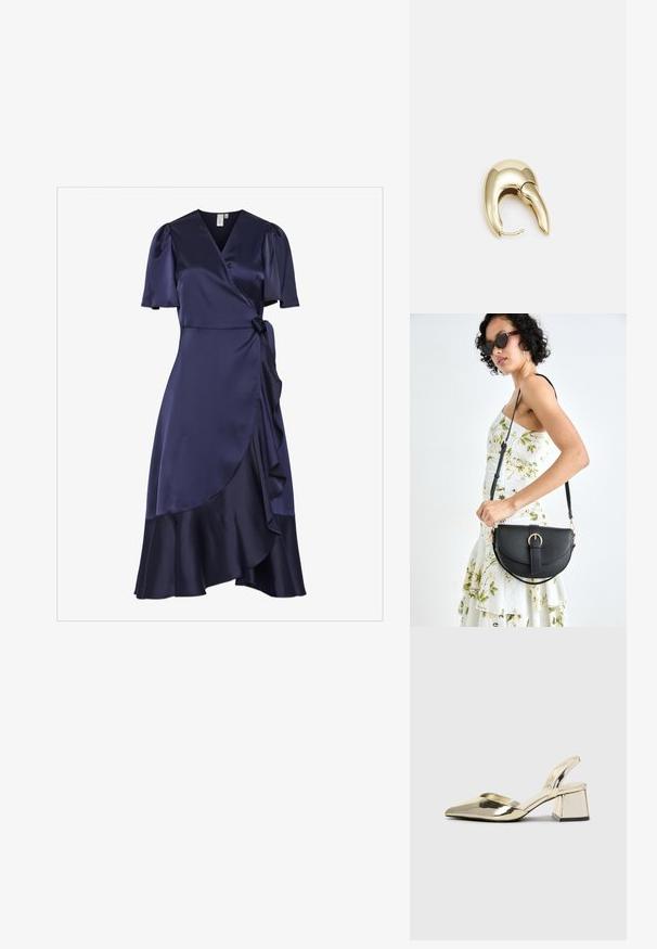 Jūras spēku satīna apģērbs ar īsām pūkainām piedurknēm, viļņotu apakšmalu un pašsaito jostas daļu. Gluda tekstūra ar plūstošu siluetu.; Zeltaini, metāla kurpes ar siksniņām, norakans purngalis un masīla papēdis. Gluda tekstūra, minimālisma dizains un šaura siksna.; Melnas ādas rokassoma ar izliekta formu, noņemamu siksnu un zelta aksesuāriem. Somai ir vāciņš ar sprādzes detaļu.; Zeltīti metāla auskari ar gludu, izliekta dizaina. Ar atšķirīgu smailu formu, pulētu virsmu un eņģu aizdari.