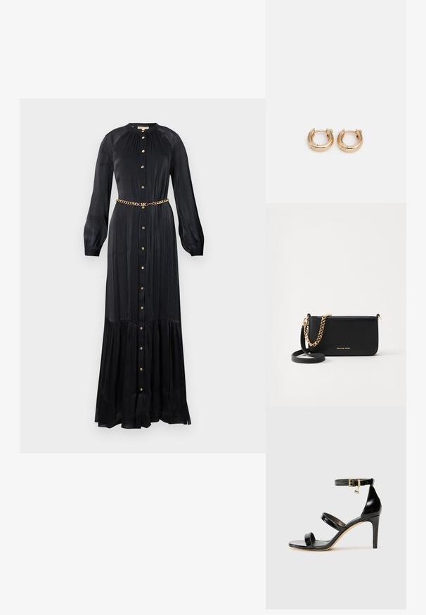 Schwarzes Maxikleid aus glattem Stoff, mit langen Ärmeln, einer durchgehenden Knopfleiste und einem goldenen Kettengürtel in der Taille. Ausgestellter Saum.; Schwarze Lackleder-Sandale mit drei Riemen, Knöchelriemen und 10 cm hohen Stiletto-Absatz. Verfügt über goldfarbene Hardware-Details und ein Logo-Charm.; Schwarze Leder-Clutch mit goldener Kettenakzent, glatter Texture und goldener Logo-Details. Inklusive einem verstellbaren Tragegurt für Vielseitigkeit.; Goldene Creolen mit polierter Oberfläche, die ein dickes, rundes Design aufweisen und über einen sicheren Verschlussmechanismus verfügen. Glatte Textur und glänzendes Aussehen.