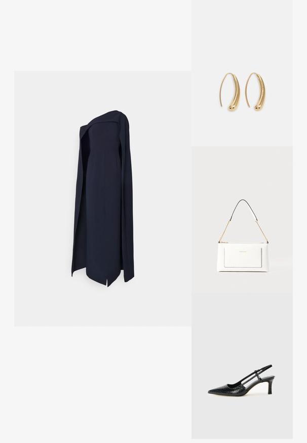Navy blue, strapless evening dress with a side slit and draped overlay. Made from smooth fabric, highlighting a structured silhouette.; Black patent slingback heel with a pointed toe, featuring textured snake print, adjustable strap, and a short, textured block heel.; White leather handbag with a textured finish, featuring a gold chain strap and black accents. Includes a front pocket and zipper closure.; Gold-tone metal hoop earrings with a curved, elongated shape. Features a smooth, shiny surface and a rounded tip for added detail.
