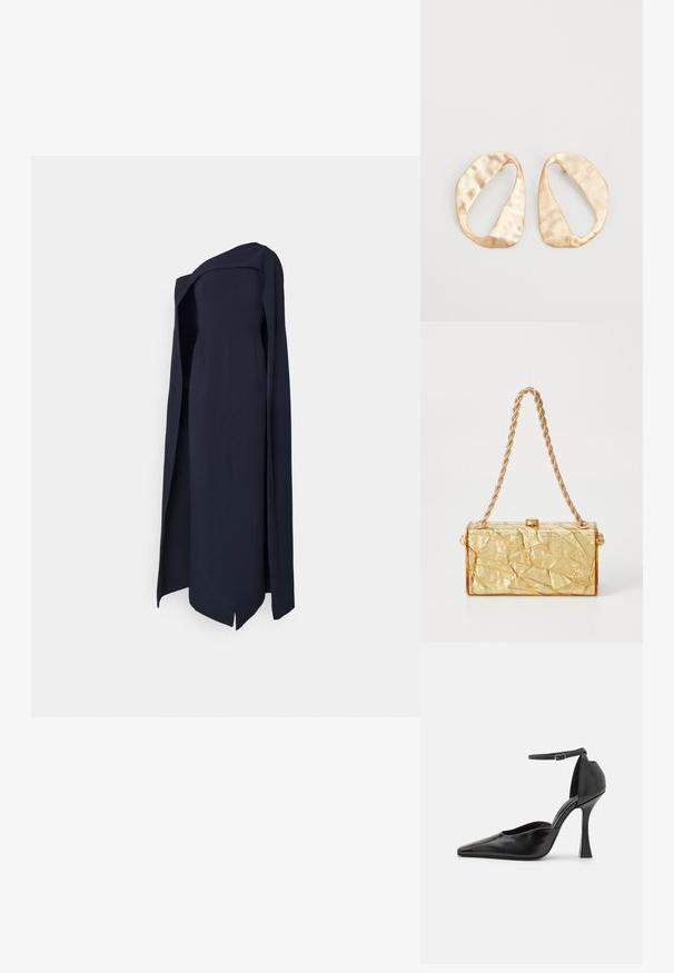 Tengerészkék, pánt nélküli estélyi ruha, oldalsó hasítékkal és redőzött átlapolással. Simább anyagból készült, amely kiemeli a formált sziluettet.; Fekete magassarkú pump, fényes felülettel, hegyes orral, bokapánttal és formázott stiletto sarkal. Simább textúrájú és modern dizájnú.; Arany, gyűrött textúrájú kézitáska, téglalap alakú, lánc pánttal és fedélzáras záródással a tetején. Simább, fényes felület.; Egy pár szabálytalan, ovális formájú, aranyszínű fém fülbevaló, enyhén kalapált felülettel, fehér háttéren.