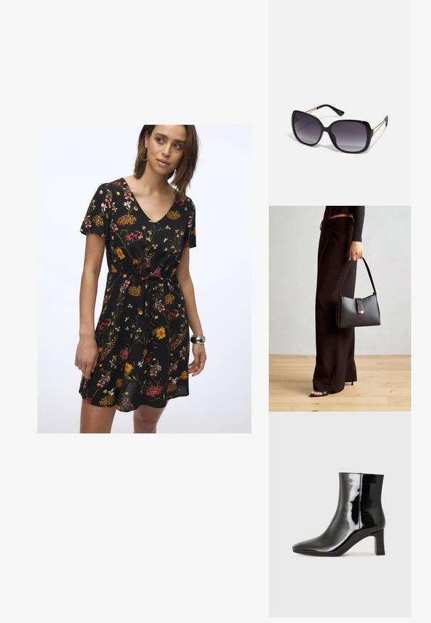 Φλοράλ φόρεμα σε μαύρο χρώμα με V λαιμόκοψη, κοντά μανίκια και ζωνάκι στη μέση. Διαθέτει ζωηρά κόκκινα, κίτρινα και ροζ λουλούδια σε σκούρο φόντο.; Μαύρη πατενταρισμένη δερμάτινη μπότες αστραγάλου με μυτερή μύτη και μεσαίο τετράγωνο τακούνι. Λείος υφή και μινιμαλιστικός σχεδιασμός.; Μαύρα υπερμεγέθη γυαλιά ηλίου με κλειστή βαθμίδα φακού, παχιά σκελέτη και λεπτομέρειες από χρυσή αλυσίδα στις βραχίονες του σκελετού.; Μαύρη τσάντα χειρός με δομημένο σχήμα, λεία υφή και μεταλλικό κούμπωμα. Συνδυασμένη με φαρδιά μαύρα παντελόνια και σανδάλια ανοιχτής μύτης πάνω σε ξύλινο πάτωμα.