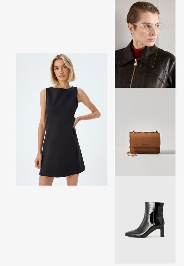 Zwarte mouwloze jurk met een getailleerde silhoët, gladde stof, een bootnek en zijbeurtenzakken. Minimalistisch ontwerp met strakke lijnen.; Zwarte gepolijste leren enkellaars met een spitse neus en een blokhak van gemiddelde hoogte. Glad textuur en minimalistisch ontwerp.; Heldere acetaat kattenoorbril met gele getinte lenzen, gedragen door een persoon in een donkere leren jas en een rode coltrui. Gladde textuur.; Bruine lederen schoudertas met textuur, voorzien van een gouden kettingstrap en klepsluiting. De voorkant heeft een logo-detail en een zak onder de klep.