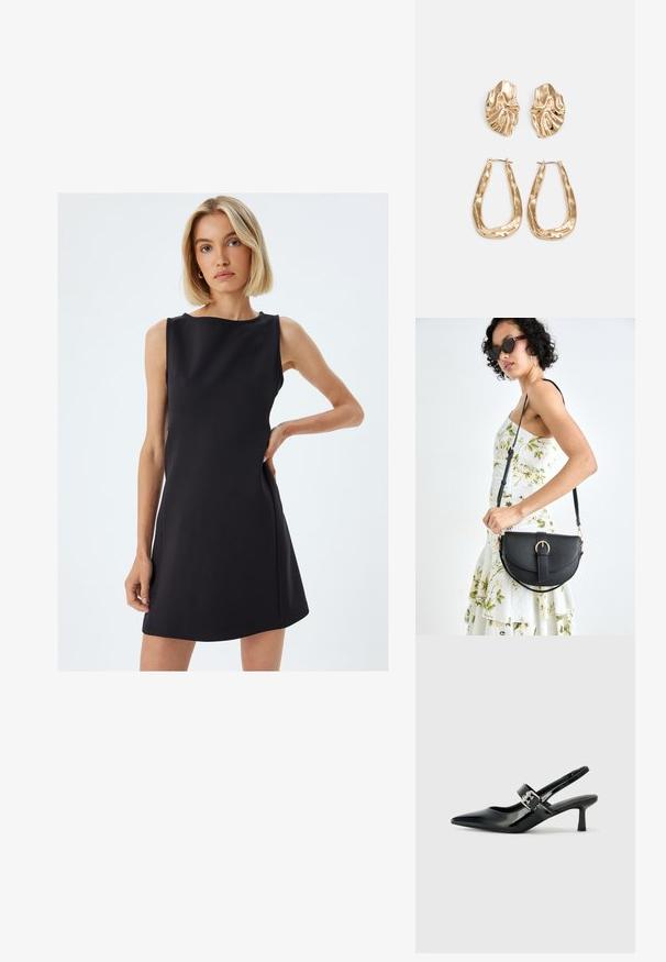 Schwarzes ärmelloses Kleid mit taillierter Silhouette, glattem Stoff, Boot-Ausschnitt und seitlichen Taschen. Minimalistisches Design mit klaren Linien.; Schwarze Lackleder Slingback-Absätze mit spitzem Zeh und kleinem Blockabsatz, ausgestattet mit einem silbernen Schnallenakzent am Riemen.; Schwarze Lederhandtasche mit geschwungener Form, abnehmbarem Tragegurt und goldenen Beschlägen. Die Tasche verfügt über einen Deckel mit einer Schnallen-Details.; Ohrringe in Goldoptik mit strukturierten, gewellten Formen. Beinhaltet skulpturale Clip-Ohrringe und ein offenes Hoop-Design mit gehämmertem Finish.