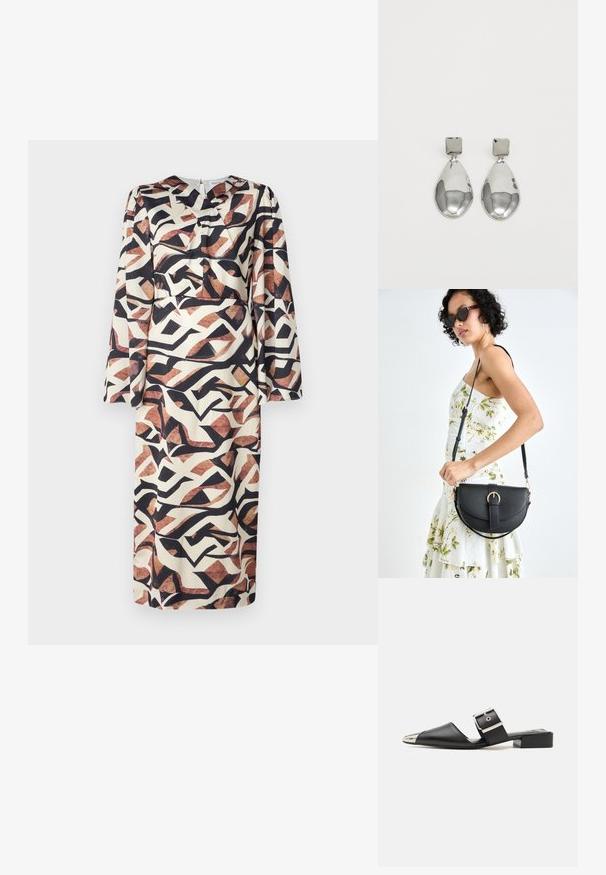 Rochie lungă dintr-un material neted; prezintă modele abstracte în nuanțe de brun, negru și crem; decolteu în formă de V și mâneci lungi; închidere cu fermoar la spate.; Sandal cu piele neagră, cu vârf ascuțit, capac metalic argintiu și curea cu cataramă ajustabilă. Toc plat pentru susținere.; Geantă din piele neagră, cu o formă curbată, curea detașabilă și accesorii aurii. Geanta are un capac cu un detaliu tip cataramă.; Cercei din argint cu stud pătrat, având un finisaj neted și lustruit, într-o formă de lacrimă, care reflectă lumina cu o suprafață lucioasă.