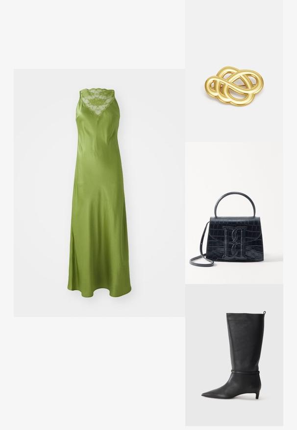 Robe en satin verte avec un décolleté en dentelle à volants, sans manches, et une silhouette A-line fluide avec une fente sur le côté.; Botte noire en cuir, montant jusqu'au genou, avec un bout pointu, accentuée par une sangle circulaire autour de la cheville et un petit talon effilé. Texture lisse.; Sac à main en cuir noir embossé en crocodile avec un design structuré, une poignée supérieure, une bandoulière ajustable et un détail de logo en avant bien visible.; Broche doré présentant un design noué avec des lignes lisses et courbées, et une forme complexe, reflétant une finition polie.