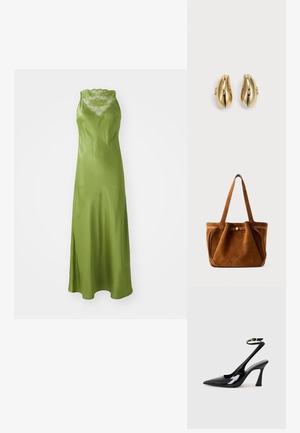Zielona satynowa sukienka z falbaniastym koronkowym dekoltem, bez rękawów, o zwiewnym kroju A z bocznym rozcięciem.; Czarne lakierowane szpilki slingback na wysokim obcasie z wydłużonym noskiem, regulowanym paskiem na kostce i umiarkowanym obcasem w kształcie bloku. Gładka struktura z błyszczącym wykończeniem.; Brązowa zamszowa torba tote z podwójnymi uchwytami, zapięciem na guzik oraz luźnym, lekko opadającym kształtem.; Złote kolczyki o płynnej, zakrzywionej formie. Każdy kolczyk ma gładką powierzchnię i mały zapięcie z dekoracyjnym detalem.
