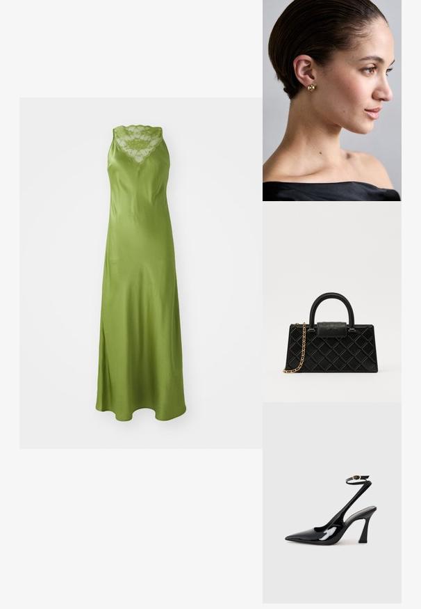 Grünes Satin-Kleid mit einem gewellten Spitzen-Ausschnitt, ärmellosem Design und einer fließenden A-Linie mit einem Schlitz an der Seite.; Schwarze Lackleder-Slingbacks mit spitz zulaufender Zehenpartie, verstellbarem Knöchelriemen und moderatem Blockabsatz. Glatte Textur mit glänzender Oberfläche.; Schwarze Handtasche aus strukturiertem Leder mit einem Diamantmuster, goldfarbener Kette, einem oberen Griff und einem Logo-Prägung Klappenverschluss.; Goldene, sphärische Steckerohrringe, die an einem Ohr getragen werden, mit einer glatten Oberfläche und polierter Verarbeitung, vor einem neutralen Hintergrund.