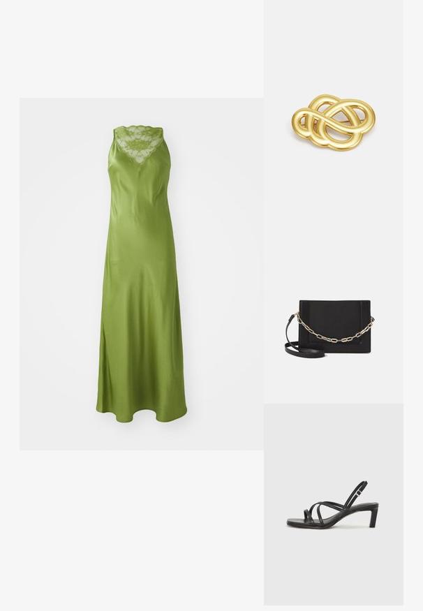 Zelena satenasta haljina s čipkastim izrezom u obliku vala, bez rukava i lepršavim A-linijom sa bočnim prorezom.; Crne sandale s trakama, kvadratnim prstom i niskom blok petom. Ima više tankih trakica i podesivu trakicu oko gležnja. Izrađene su od glatke kože.; Crna kožna torba preko tijela s glatkom teksturom, pravokutnim oblikom i metalnim lancem na prednjoj strani. Uključena je podesiva naramenica.; Broš u zlatnoj boji s čvorastim dizajnom, glatkim, zaobljenim linijama i složenim oblikom, koji odražava sjajnu površinu.