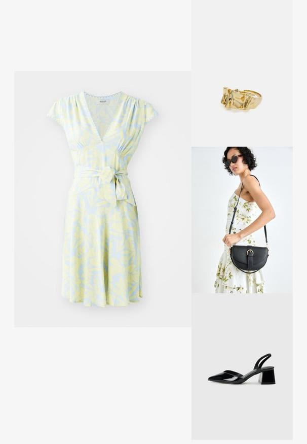 Kukkaasu, vaaleansininen keltakuvioinen, lyhyet hihattomat hihnat, V-pääntie ja vyötäröllä nauhat, valmistettu kevyestä kankaasta.; Mustat patentoitu nahkakengät, joissa on säären takaosa ja terävä kärki, sekä geometrinen palikkakorko. Sisältää tyylikkään, minimalistisen muotoilun ja sileän pinnan.; Musta nahkainen käsilaukku, joka on kaareva muotoilultaan, irrotettavalla hihnalla ja kultaisilla yksityiskohdilla. Laukussa on läppä, jossa on solk yksityiskohta.; Kullanışlı bir ayarlanabilir yüzüğe sahip, üç belirgin zirveye sahip dokulu, dalgalı düzene sahip altın yüzük. Düzgün, parlak yüzey ve açık bant ile tasarlanmış.