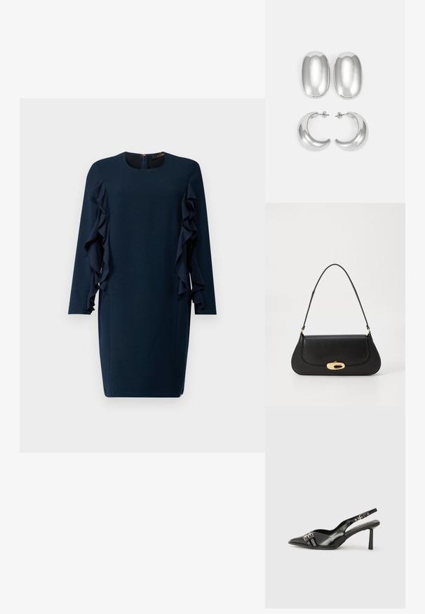 Mornarice plava haljina s dugim rukavima, okruglim izrezom i asimetričnim volanima duž bokova. Zatvaranje na zipu pozadi.; Crna lakirana slingback cipela s izduženim vrhom, remenčićima oko gležnja s srebrnim kopčama i dijelovima, te vitkim potplatom.; Crna kožna torba s zakrivljenim dizajnom, zlatnim detaljima i gornjom drškom. Ima elegantno zatvaranje i glatku teksturu.; Set srebrnih naušnica: dva ovalna studa i dva polumjesečasta obruča, s sjajnom, glatkom završnom obradom i zaobljenim dizajnom.