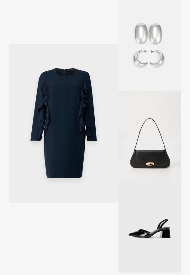 Tumši zila kleita ar garajiem piedurkņu, noapaļotu kakla izgriezumu un asimetriskām volāniem sānos. Nospiediena slēgšana aizmugurē.; Melna lakota āda ar atvērto papēdi, ar smailu purngalu un ģeometrisku blokpapēdi. Iezīmējas elegants, minimāls dizains un gluda tekstūra.; Melna ādas rokassoma ar izliekta dizaina elementiem, zelta krāsas detaļām un augšējo rokturi. Iezīmējas ar elegantu aizdari un gludu faktūru.; Sudraba krāsas auskari: divi ovāli studu auskari un divi pusmēness formas gredzeni, ar gludu, spīdīgu apdari un noapaļotu dizainu.