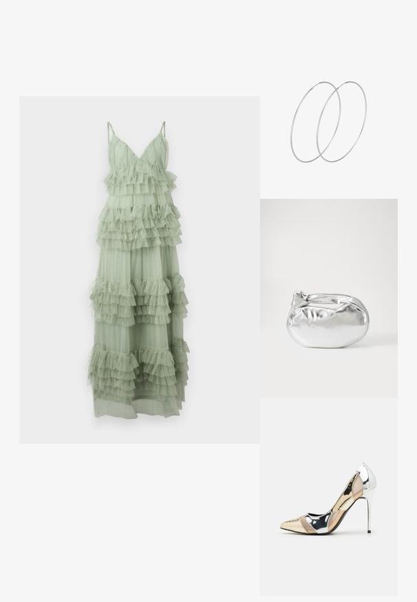 Šviesiai žalia suknelė, pagaminta iš sluoksniuoto, raukšlėto tiulio audinio. Pasižymi plonomis petnešėlėmis ir prigludusia liemene. Grindimis siekianti suknelės konstrukcija su sluoksniuota tekstūra.; Aštrus pirštas aukštakulnis batelis su sidabro, aukso ir nuogų spalvų deriniu. Blizgus paviršius su išpjovos dizainu, su stiletto kulnu.; Sidabrinė metalinė maišelio forma su švelnia, apvalia forma ir mazgu užveriamu viršumi. Pagaminta iš lygios dirbtinės odos medžiagos.; Sidabrinės pusmėnulio auskarai minimalistiniu dizainu. Apskritimo forma, lygus paviršius ir plonas profilis. Lengvi su poliruotu apdailu.
