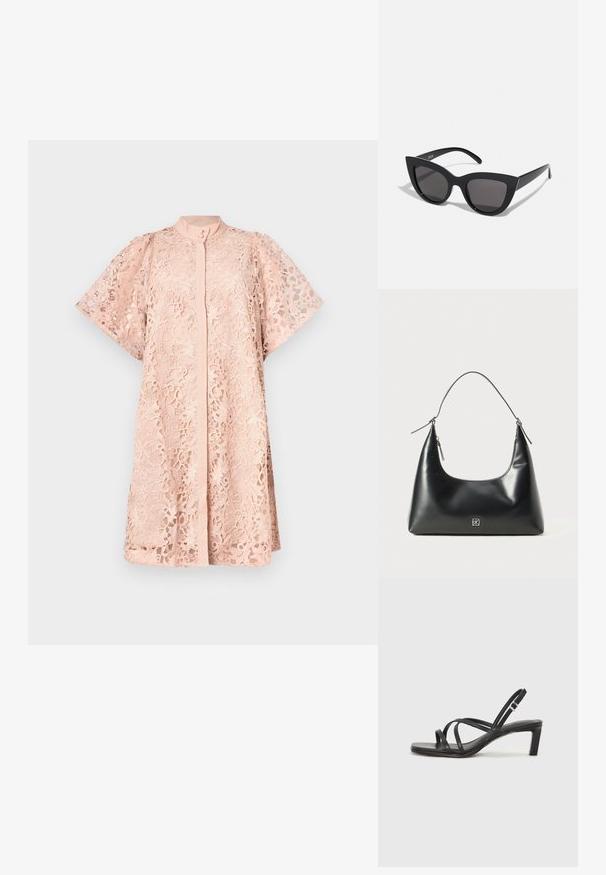 Čipkasta obleka v svetlo roza barvi z visokim ovratnikom, kratkimi rokavi in cvetličnim vzorcem po celotni obleki. Zapenjanje s gumbi po sprednji strani.; Črne natikače s trakovi in kvadratnim prstom ter nizkim blokastim peto. Imajo več tankih trakov in nastavljiv trak okoli gležnja. Narejene so iz gladkega usnja.; Črne mačke-oko sončna očala z mat zaključkom, ki imajo sive tonirane leče, ostre kote in eleganten stranski del. Ime blagovne znamke je vidno na notranjem ročaju.; Črna gladka usnjena torbica za rame s ukrivljenim vrhom, enim trakom, zadrgo in majhnim srebrnim logotipom na sprednji sredini.