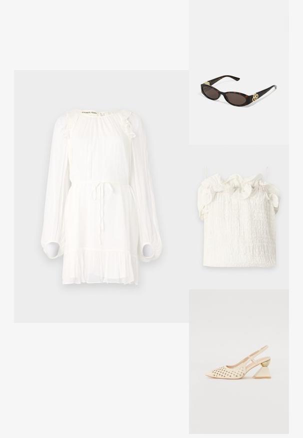 White long-sleeve dress made from sheer fabric, featuring ruffled neck and cuffs, drawstring waist, and layered ruffle hem.; Hofmann Copenhagen EXCLUSIVE GENEVIVE - Top - off white; Beige slingback shoe with perforated upper, pointed toe, and a contrasting triangular heel featuring a gold accent. Smooth texture overall.; Tortoiseshell sunglasses with elongated oval lenses, brown tint, gold logo accents on temples, and sleek black arms.; White floral handbag with a gathered fabric surface, gold-tone chain strap, and metal clasp. Features textured petals for added detail.