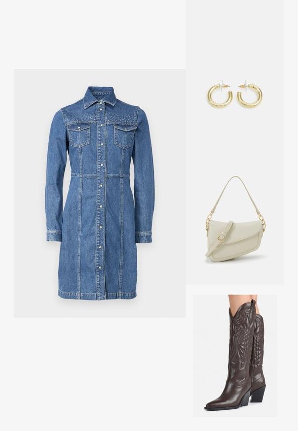 Kratka haljina od denima s dugim rukavima, prednjim džepovima i srebrnim nitnama na ramenima. Ima kopčanje na dugmad sprijeda.; Smeđe kožne kauboj čizme s šiljastim vrhom i blok-potpeticom, s detaljno izvezenim šavovima i uzdignutim naglascima na okovu.; Mala krem torbica s teksturiranim finišom, dugačkim podesivim remenom, lančanim detaljem i preklopom. Zlaćani hardver.; Zlatne kružne naušnice s glatkom, sjajnom završnom obradom. Kružni dizajn s malom potporom i prozirnom podlogom za sigurno nošenje.