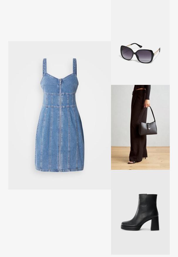 Denimruha spagetti pántokkal, elöl cipzárral, struktúrált mellszárral és függőleges varrással. Világoskék színű, sima textúrával.; Fekete bőr bokacsizma tömbsarkal és platform talppal, oldalról nézve, sima fehér háttéren.; Fekete, oversize napszemüveg fokozatos árnyalatú lencsékkel, vastag kerettel és arany színű lánc díszítéssel a szárakon.; Fekete kézi táska strukturált formával, sima textúrával és fémből készült záródással. Széles fekete nadrággal és nyitott orrú szandállal párosítva, fából készült padlón.