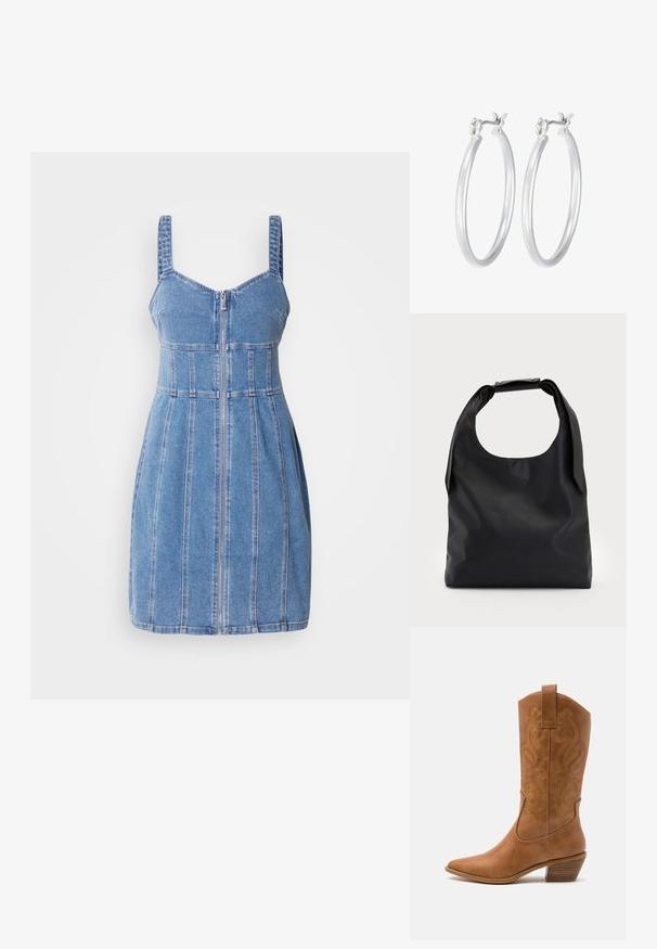Denimkleid mit Spaghettiträgern, einem Reißverschluss vorne, strukturiertem Oberteil und vertikalen Nähten. Hellblaue Farbe mit glatter Textur.; Braune Leder-Cowboy-Stiefel mit spitzem Zehenbereich, bestickten Wirbelmustern am Schaft und einem gestapelten Blockabsatz. Verfügt über einen Ziehriemen für das einfache Anziehen.; Schwarze Leder-Hobo-Tasche mit einem einzelnen, weichen, abgerundeten Griff; verfügt über eine glatte Textur und ein minimalistisches Design. Keine sichtbaren Beschläge oder Akzente.; Silberne Creolen mit einer glatten, polierten Oberfläche. Runder Form und sicherem Klickverschluss. Leichtes Design, geeignet für den täglichen Gebrauch.