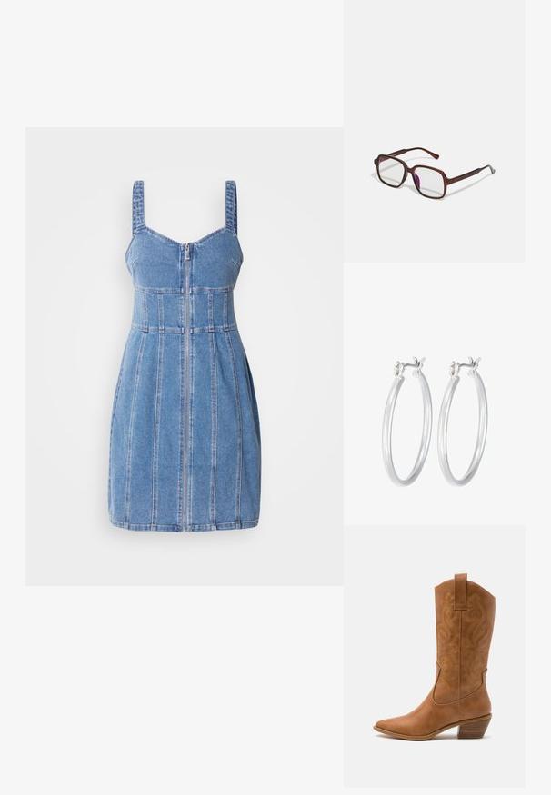 Denimkleid mit Spaghettiträgern, einem Reißverschluss vorne, strukturiertem Oberteil und vertikalen Nähten. Hellblaue Farbe mit glatter Textur.; Braune Leder-Cowboy-Stiefel mit spitzem Zehenbereich, bestickten Wirbelmustern am Schaft und einem gestapelten Blockabsatz. Verfügt über einen Ziehriemen für das einfache Anziehen.; Braune, rechteckige Brille mit transparenten Gläsern und lila Tönungen. Glatter Kunststoffrahmen mit geraden Bügeln und dezenten Akzenten.; Silberne Creolen mit einer glatten, polierten Oberfläche. Runder Form und sicherem Klickverschluss. Leichtes Design, geeignet für den täglichen Gebrauch.