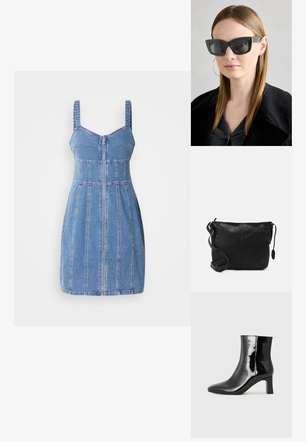 Rochie din denim cu bretele subțiri, fermoar frontal, corset structurat și cusături verticale. Culoare albastră deschisă cu o textură netedă.; Botine negre din piele lacuită, cu vârful ascuțit și toc bloc de înălțime medie. Textură netedă și design minimalist.; Ochelari de soare negri tip cat-eye cu lentile întunecate, rame groase și accente subtile. Purtați cu o haină neagră și un top gri, având părul lung și drept.; Geantă de umăr din piele neagră, cu o formă plată, accente de metal auriu și o curea ajustabilă. Textură netedă cu detalii de cusătură minime.