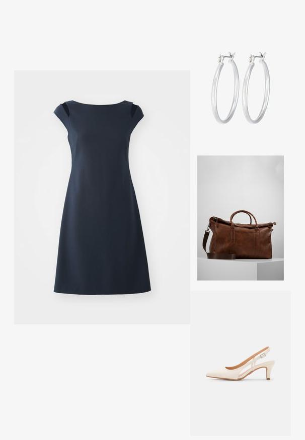 Syvä merensininen ilman hihoja oleva mekko, jossa on pyöreä kaula-aukko, istuva vartalo-osa ja levenevä hame. Silkkinen kangas, jossa on hienovarainen kiilto ja tyylikäs siluetti.; Valkoinen slingback-korkokenkä, jossa on terävä kärki, sileä päällismateriaali, matala lohkokorko ja sivuaukko-design säädettävällä soljella.; Ruskea nahkainen laukku, jossa on vetoketjuluukku, kaksinkertaiset kahvat, säädettävä olkahihna ja pinnassa näkyviä tekstuurikuviota.; Hope-silver rengas, joissa on sileä ja kiillotettu pinta. Pyöreä muoto ja turvallinen napsautettava lukitus. Kevyt muotoilu sopii päivittäiseen käyttöön.