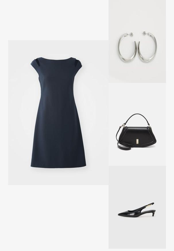 Sötétkék ujjatlan ruha kerek nyakkal, testhez simuló felsőrészsel és bővülő szoknyával. Simá kmű szövet, finom fényű és elegáns sziluettel.; Fekete bőr slingback magassarkúk, hegyes orral, vékony sarkakkal és arany színű részlettel a állítható pánton. Simа felület.; Fekete bőr kézitáska, strukturált dizájnnal, rövidített formával, felső fogantyúval és arany színű kiegészítőkkel. Állítható vállpánt is tartozik hozzá.; Ezüst karika fülbevalók sima, ívelt formával. Fényes fémes felülettel és tűs zárral rendelkeznek. Nincsenek látható minták vagy kiegészítők.