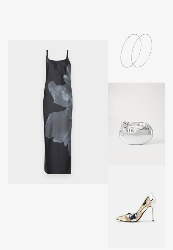 Satin slip obleka v črni barvi z velikim, prosojnim cvetličnim tiskom na eni strani. Ima tanke naramnice in ravno, lepršasto silhueto.; Čevlji z visoko peto in konico, v barvni kombinaciji srebrne, zlate in nude. Sijajna obdelava z izrezljanim dizajnom, z igličasto peto.; Srebrna kovinska torbica z mehko, zaobljeno obliko in zavezano zgornjo zaporo. Narejena iz gladkega umetnega usnja.; Srebrne uhane v obliki obroča z minimalističnim dizajnom. Krožna oblika, gladka tekstura in tanek profil. Lahki s poliranim zaključkom.