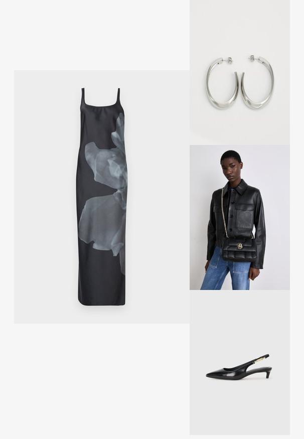 Satin slip obleka v črni barvi z velikim, prosojnim cvetličnim tiskom na eni strani. Ima tanke naramnice in ravno, lepršasto silhueto.; Črne usnjene sandale na peto z ostro konico, ki imajo tanko peto in zlat ton na nastavljivem traku. Gladka tekstura.; Črna usnjena jakna z gumbnim zapiranjem in dvema sprednjima žepoma, v kompletu z črno prešito torbico, ki ima zlat clasp in verižni trak.; Srebrni uhani v obliki obroča z gladkim, ukrivljenim oblikovanjem. Imajo sijajno kovinsko površino in zapiranje na žebljiček. Brez vidnih vzorcev ali dodatkov.