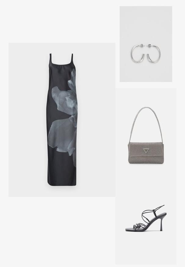 Juodas satininis sijonas su dideliu, permatomu gėlių raštu iš vienos pusės. Turi plonas petnešas ir tiesią, laisvą siluetą.; Juodos aukštakulnės sandalai pasižymi plonyčiais dirželiais su mazgo dizainu, lygiu kvadratiniu pirštu ir elegantišku stiletto kulnu.; Šviesiai pilka metalinė rankinė su grandinėlės dirželiu, papuošta mažais apvaliais metaliniais smeigėmis ir trikampiu prekės ženklu.; Sidabrinės auskarai žiedai su lygiu, blizgiu paviršiumi. Suapvalinta forma, lengvas dizainas, su uždarymu ant smeigtuko.