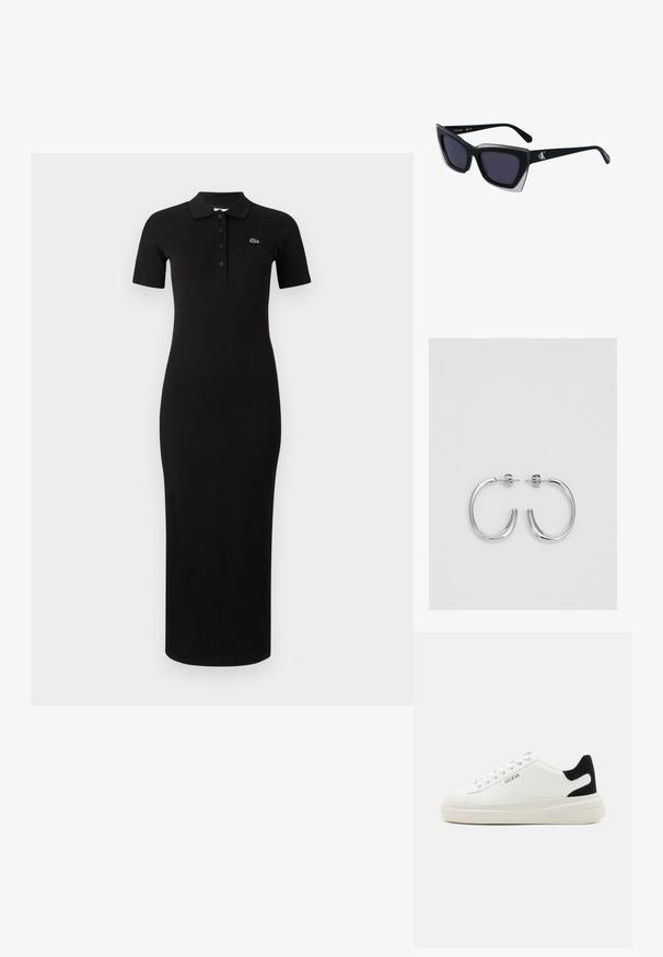 Schwarzes Midi-Polo-Kleid mit kurzen Ärmeln, gerippter Textur und Knopfleiste. Mit einem kleinen grünen Logo auf der linken Brustseite.; Weiße Leder-Sneaker mit einer dicken weißen Sohle, schwarzem Wildlederakzent an der Ferse und geprägtem Logo an der Seite. Schnürdesign mit sechs Ösen.; Schwarze übergroße Sonnenbrille mit geometrischer Form, ausgestattet mit dunklen Gläsern und einem kontrastierenden grauen Detail im Rahmen. Logo am Bügel.; Silberne Creolen mit einer glatten, glänzenden Oberfläche. Abgerundete Form, leichtes Design, mit einer Steckverschluss.