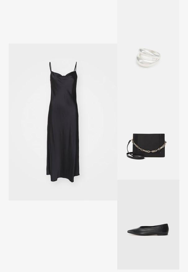 Juodas satino sijonas su plonomis spaghetti petnešomis, lygia tekstūra ir prigludusia liemenėle, kuri pereina į A formos siluetą.; Juodas odinis baleto batas, su smailiu pirštu, minimalistinio dizaino, lygiu paviršiumi, žemo profilio kulnu, be matomos aparatūros ar papuošimų.; Juodas odinis per petį nešiojamas krepšys turi lygų paviršių, stačiakampio formą ir metalinę grandinėlę priekyje. Pridedama reguliuojama dirželis.; Sidabrinis dvigubas žiedas su lygiu, poliruotu paviršiumi. Pasižymi sklandžiu, kreiptu dizainu su persipinančiomis dalimis, suteikiančiomis modernų išvaizdą.